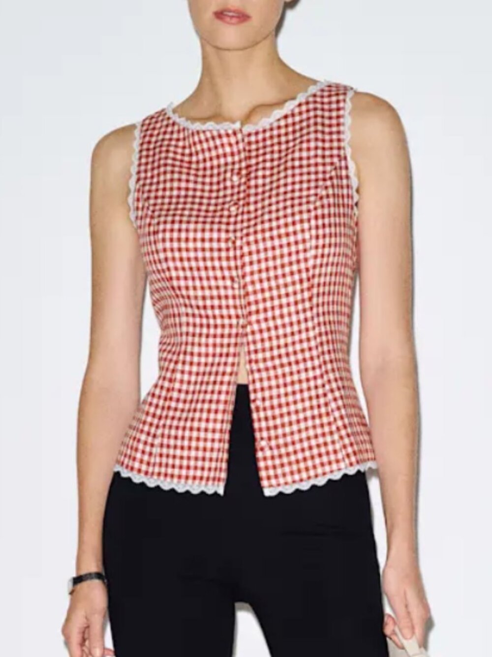 Reformation Amela Linen Top Vest Blouse Tomato Check French
